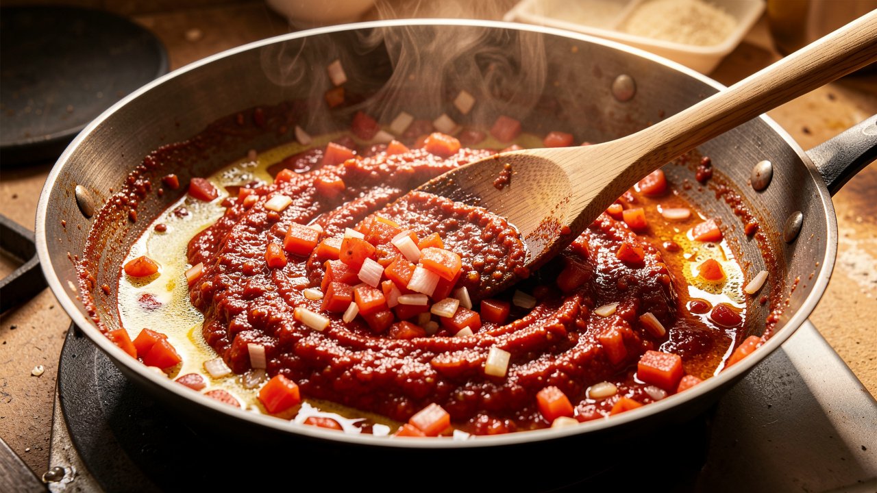 Tomatoes and onions cooking down into a thick red masala with ghee separating