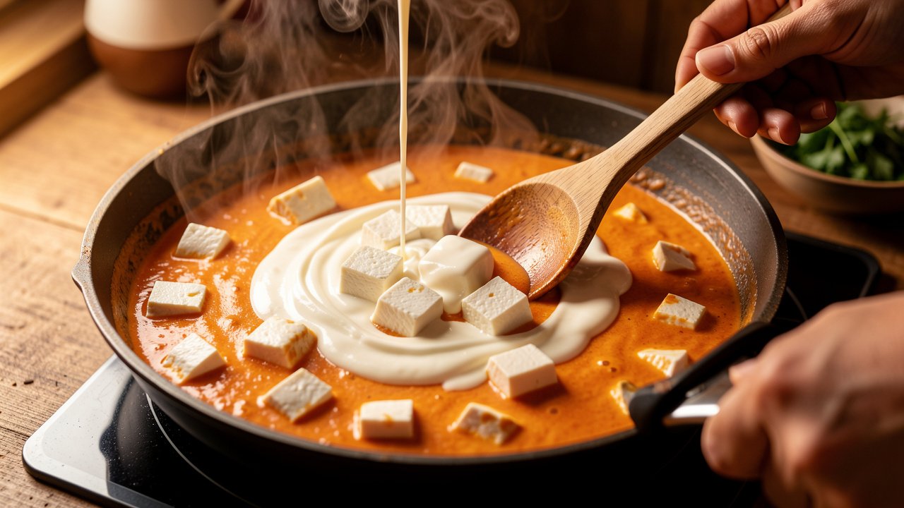 Paneer cubes being stirred into a creamy spiced tomato gravy with a swirl of cream