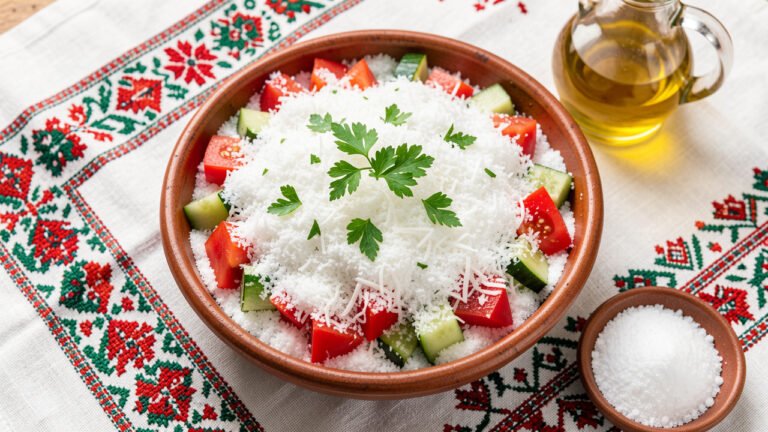A bowl of Bulgarian shopska salad with tomatoes, cucumber and peppers under a thick layer of grated white cheese