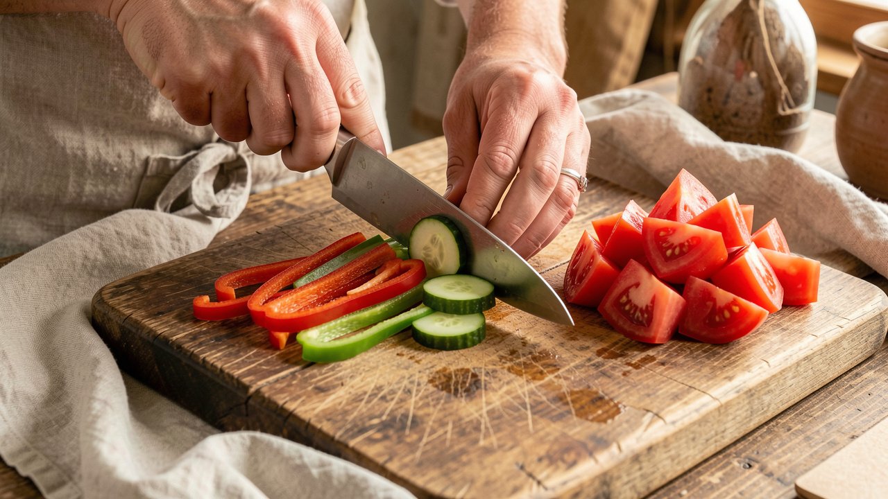 Cucumber half-moons and red and green pepper strips being cut beside chunky tomatoes