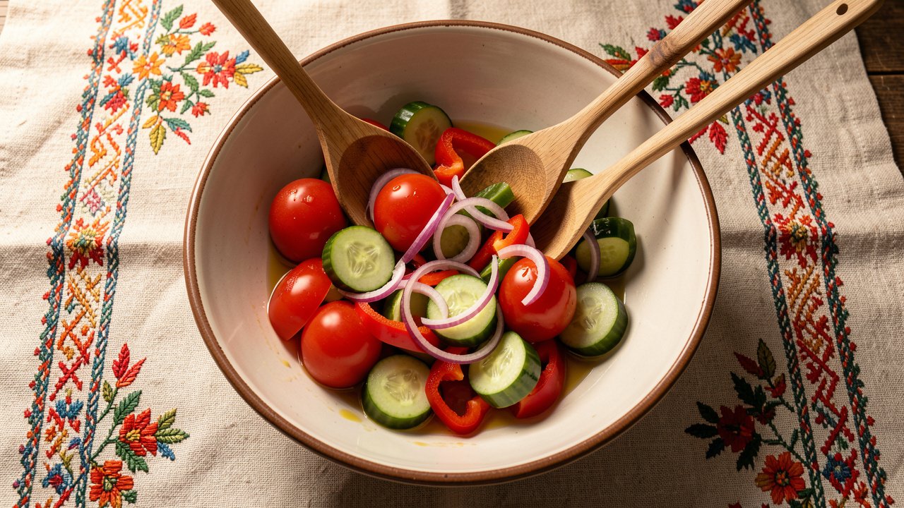 Chunky tomato, cucumber and pepper salad being tossed with oil in a wide bowl