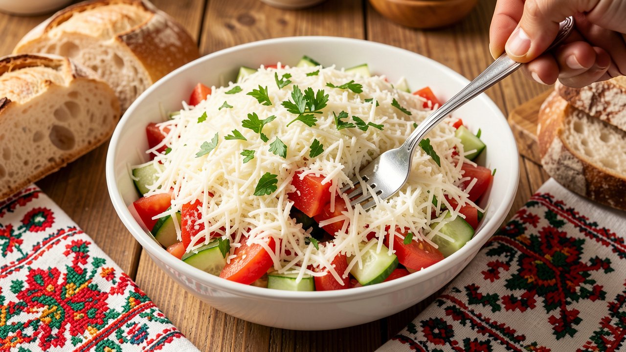 Finished shopska salad with a fork breaking through the grated white cheese layer