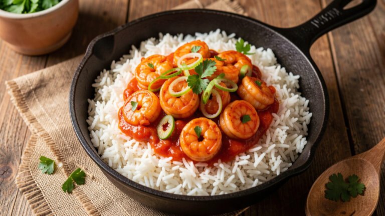 A plate of shrimp Creole with plump shrimp in a red-orange tomato sauce over white rice, topped with scallion