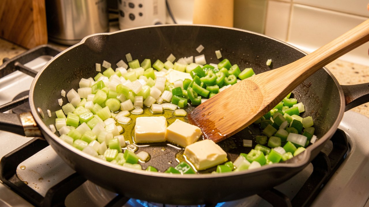 Diced onion, celery, and green bell pepper softening in a skillet