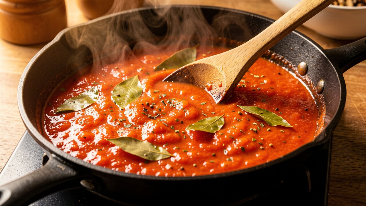 A bright Creole tomato sauce simmering with bay leaves in a skillet