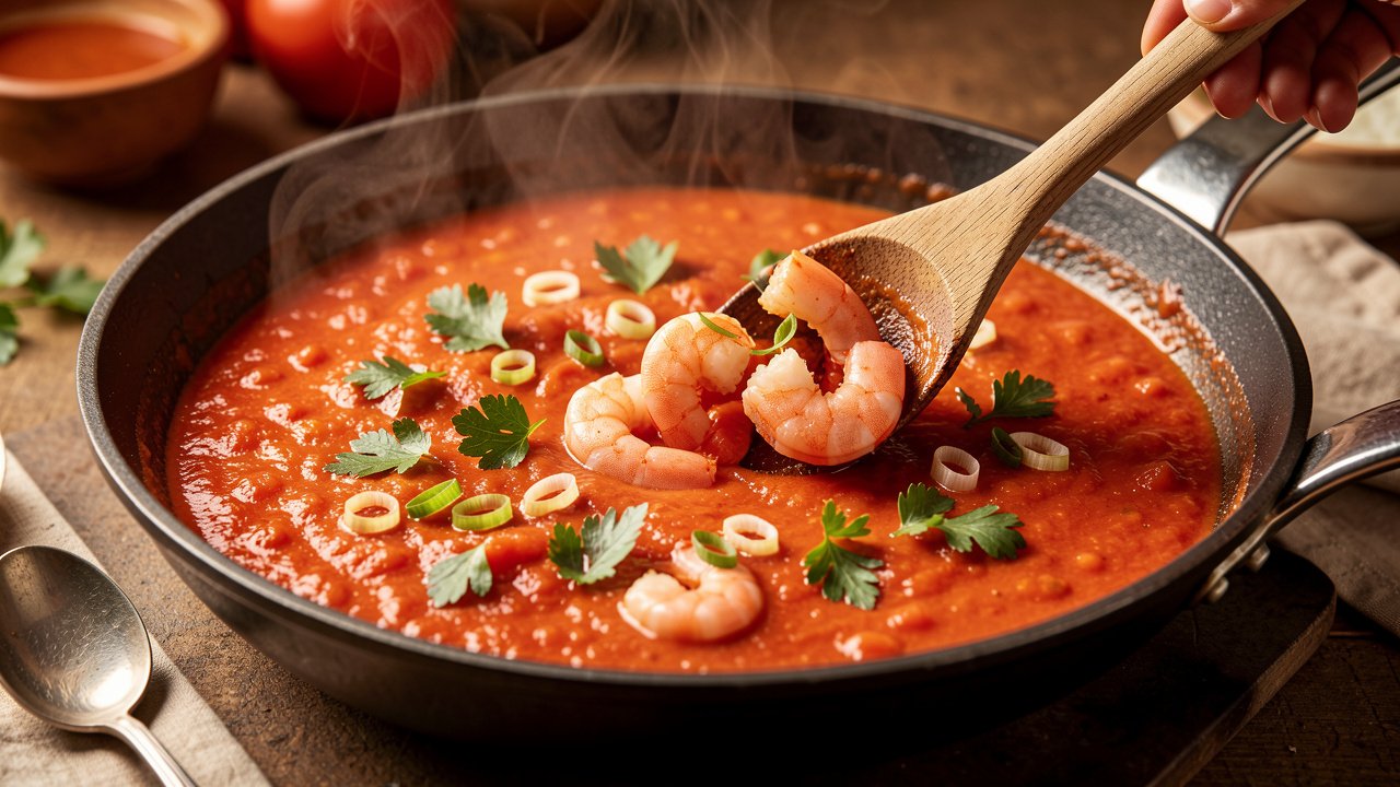 Plump pink shrimp stirred into a bright Creole tomato sauce topped with scallion