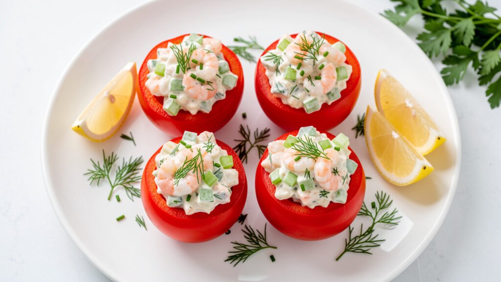 Four ripe tomatoes stuffed with creamy shrimp salad flecked with dill and chives on a white platter
