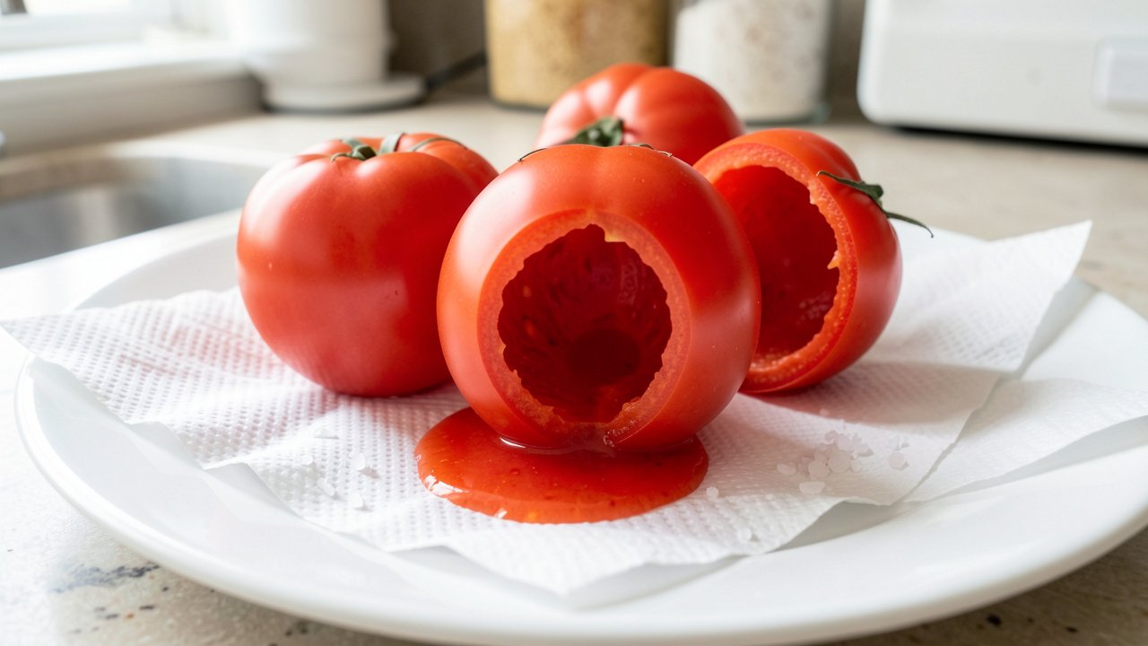 Hollowed tomatoes salted and turned upside down to drain on paper towels