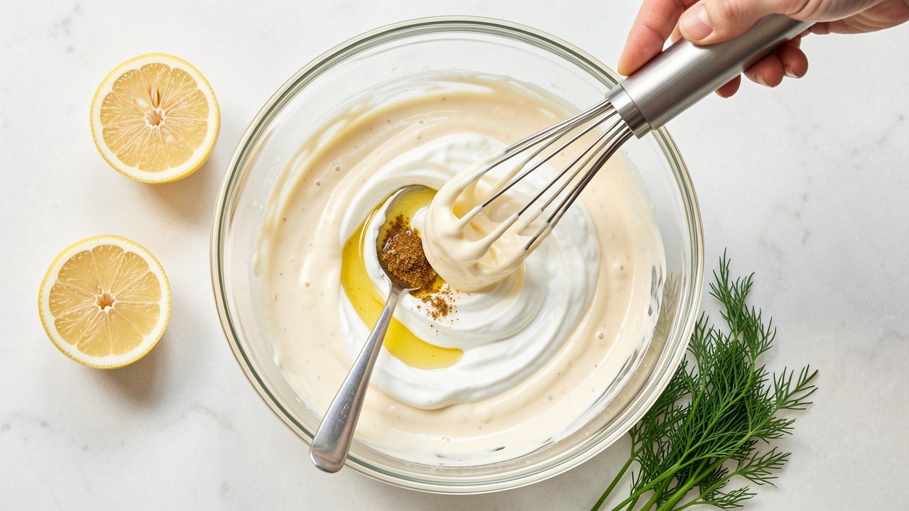 Creamy lemon dressing of mayo and Greek yogurt being whisked in a glass bowl