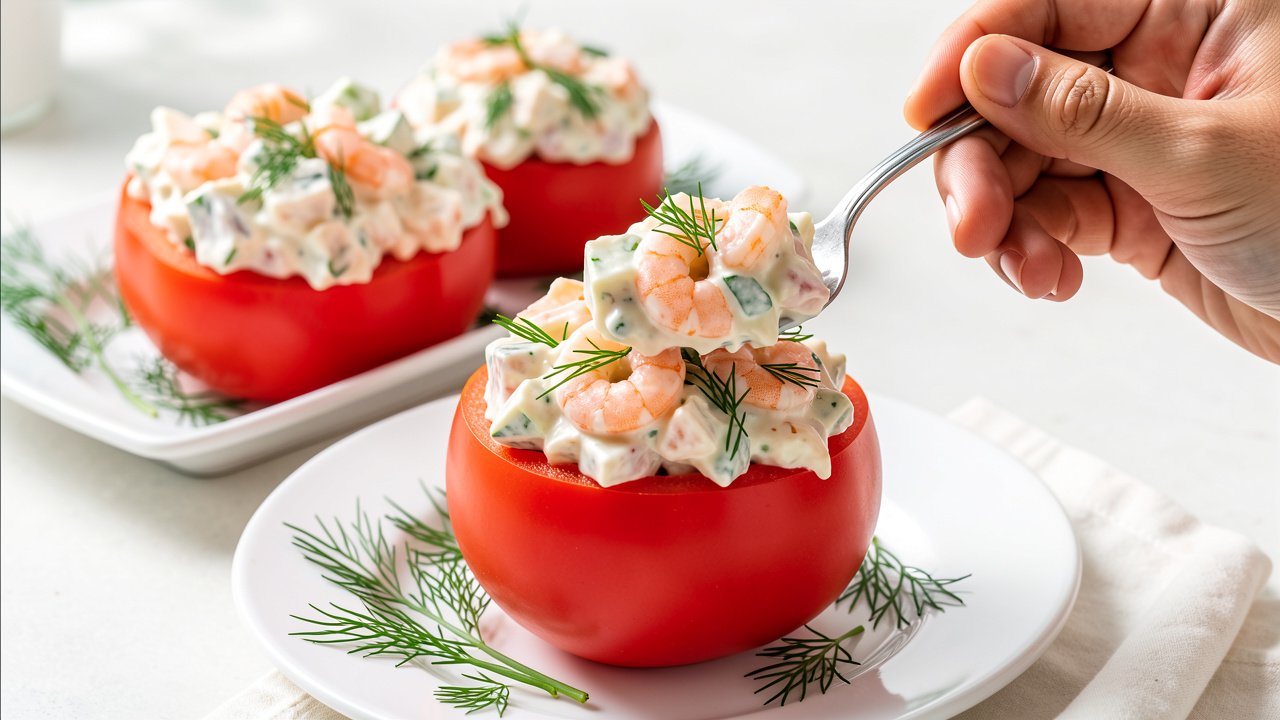 Shrimp salad being spooned into a hollowed tomato and mounded over the top