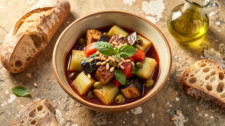 A rustic bowl of Sicilian caponata with fried eggplant, celery, olives and tomato topped with basil and pine nuts