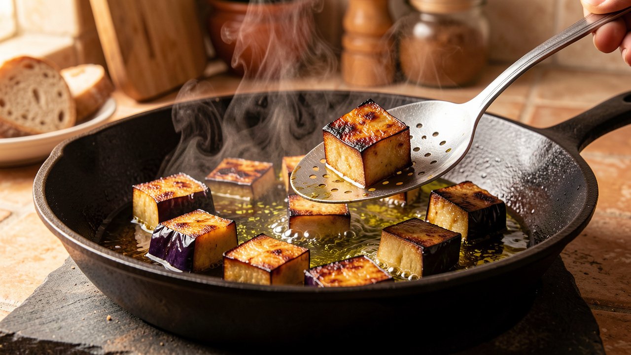 Cubes of eggplant frying to deep golden brown in olive oil in a heavy skillet