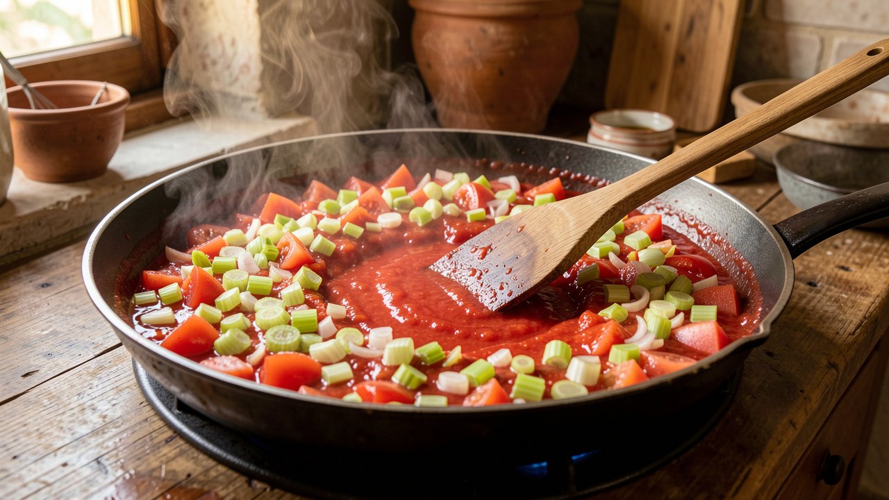 Tomatoes cooking down with celery and onion into a thick jammy base in a skillet