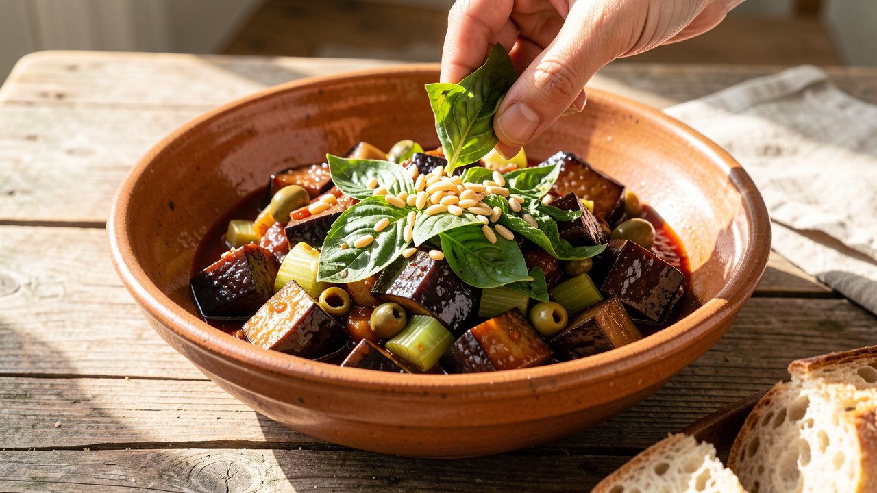 Finished caponata in a ceramic bowl being scattered with torn basil and toasted pine nuts