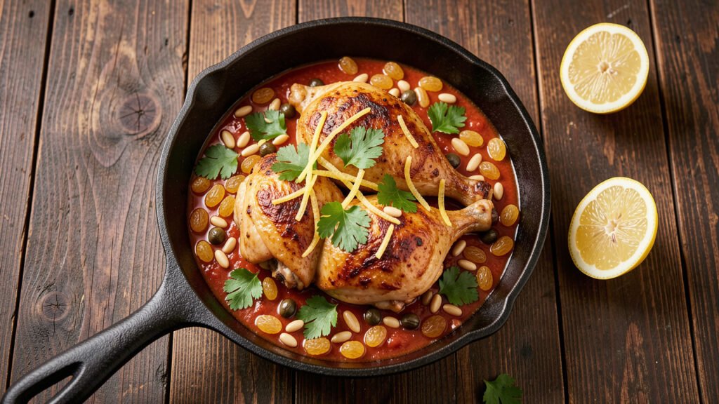 Skillet of Sicilian lemon chicken thighs in a raisin tomato sauce with pine nuts and parsley