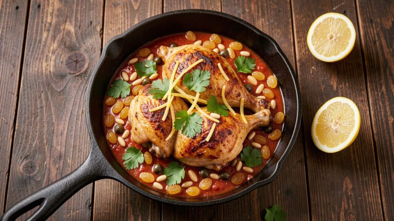 Skillet of Sicilian lemon chicken thighs in a raisin tomato sauce with pine nuts and parsley