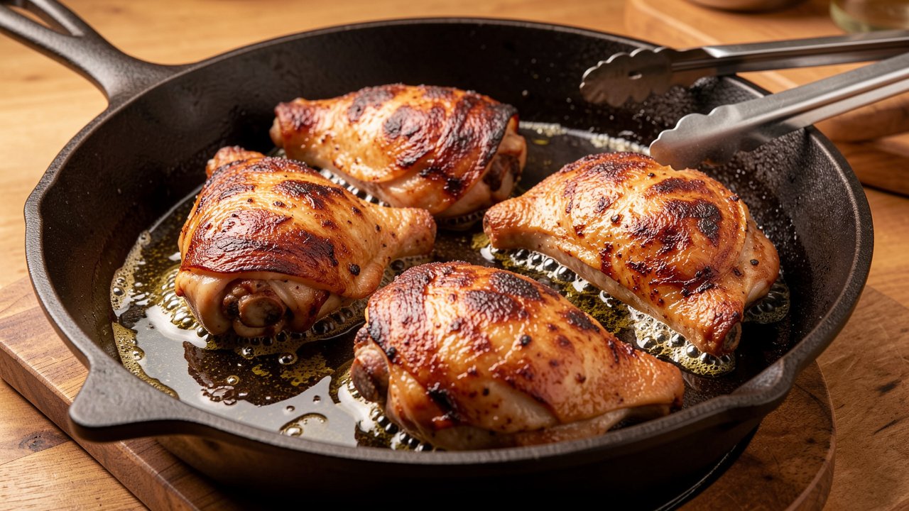 Chicken thighs browning skin-side down in a skillet with crisp golden skin