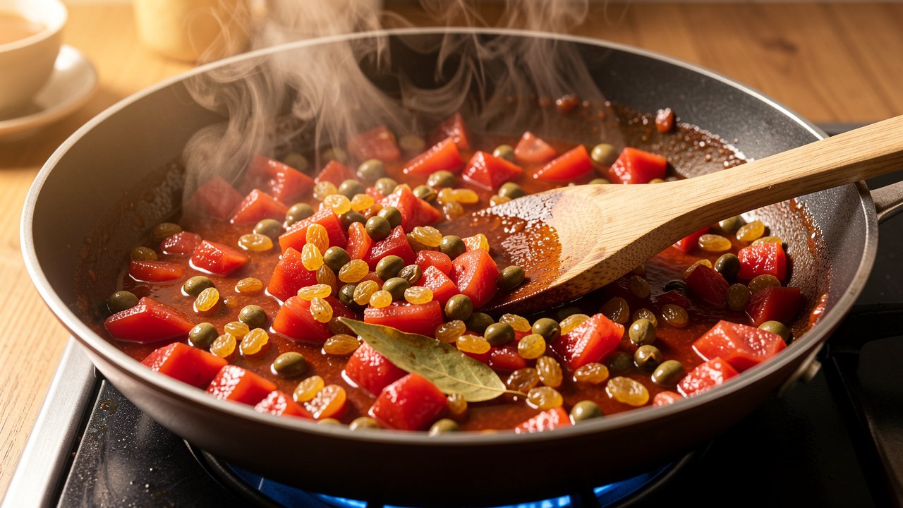 Tomatoes, raisins, and capers simmering into a glossy sweet-sour sauce