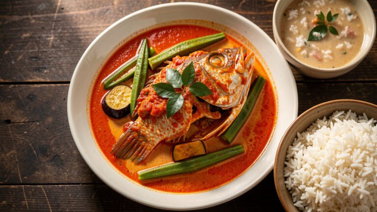 A fish head in a rich red-orange tamarind-tomato and coconut curry with okra and eggplant, served with rice