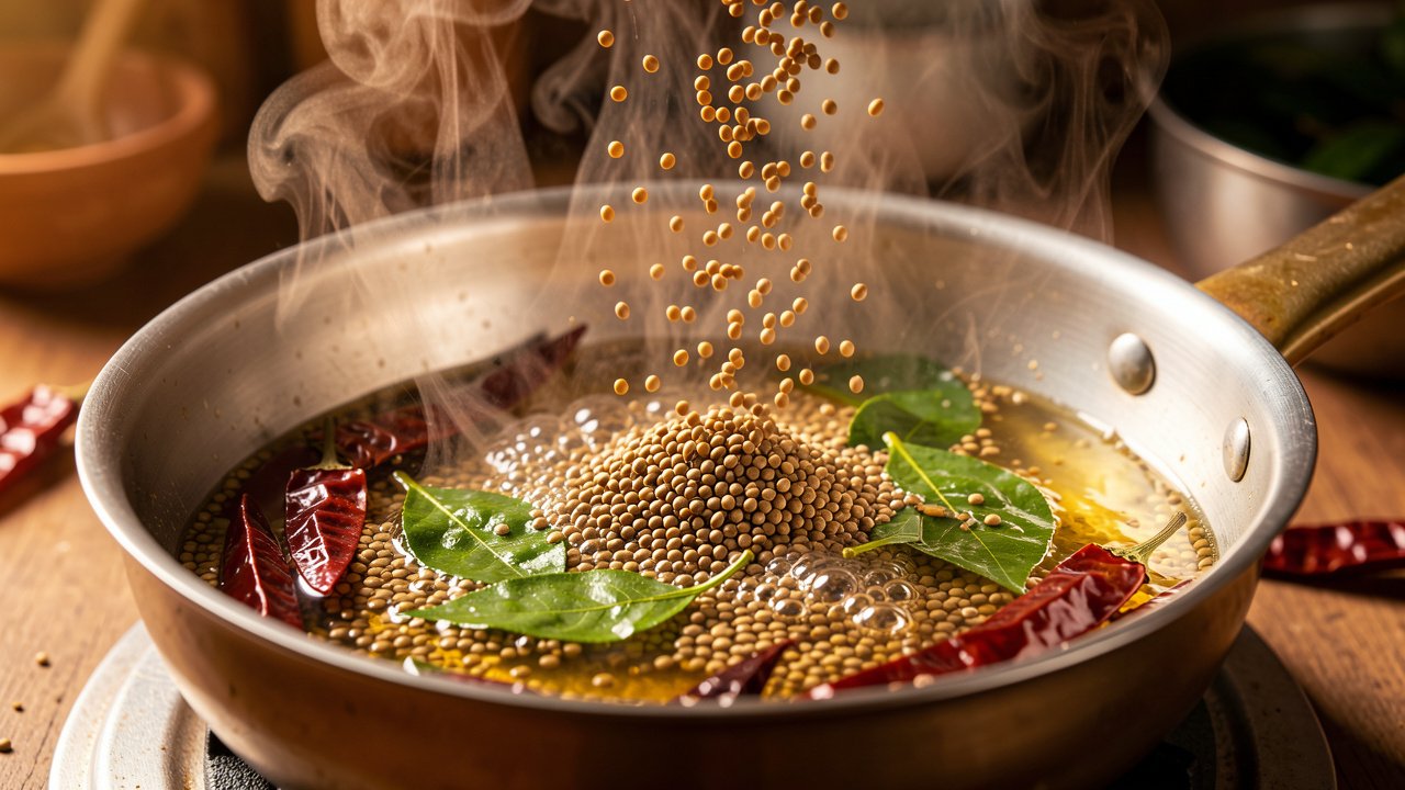 Mustard seeds, fenugreek, and curry leaves tempering in hot oil