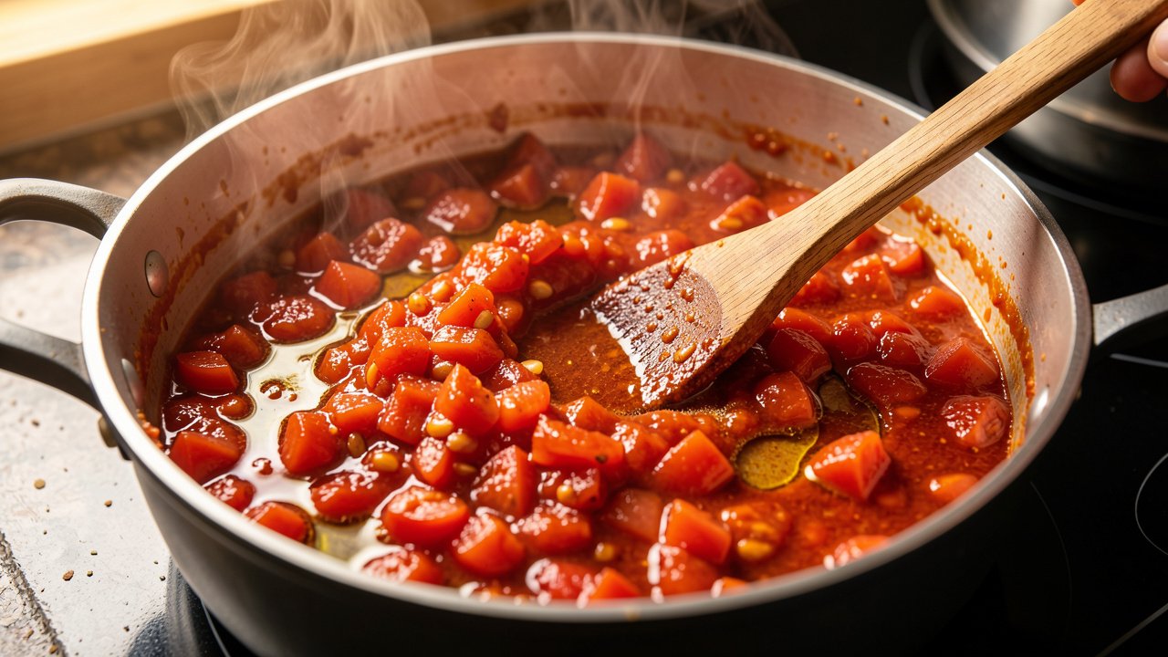 Tomatoes cooking down into a thick jammy tamarind base in a pot