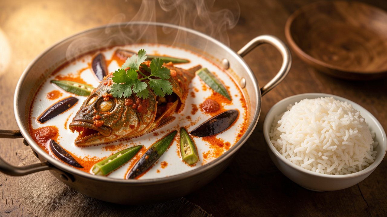 Finished Singapore fish head curry with coconut milk, garnished with cilantro and served with rice