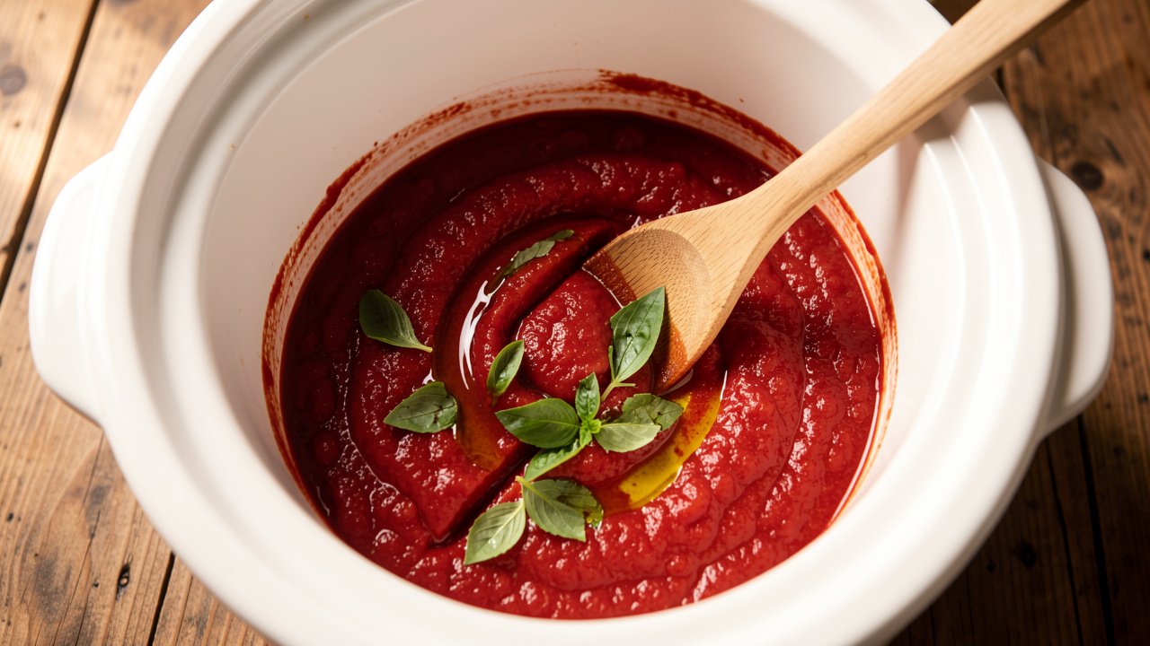 Thick slow cooker tomato sauce in a ceramic crock topped with fresh basil and olive oil