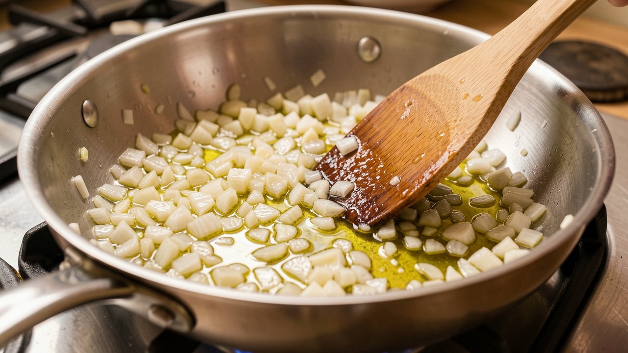 Onion and sliced garlic softening in olive oil in a skillet without browning