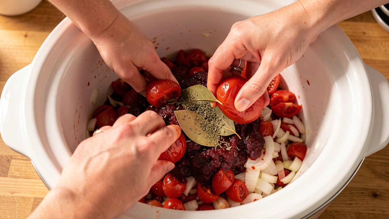 Hands crushing drained plum tomatoes into a slow cooker with onion, paste, and herbs