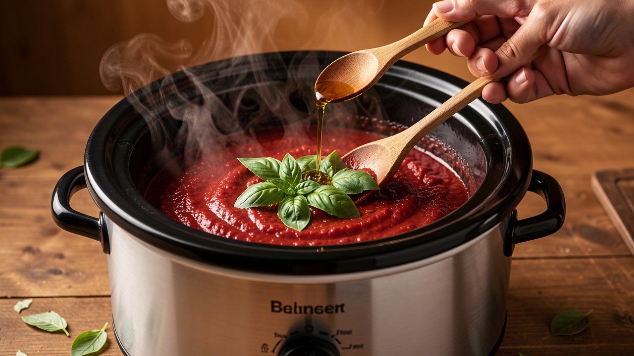 Fresh basil and olive oil being stirred into finished thick slow cooker tomato sauce