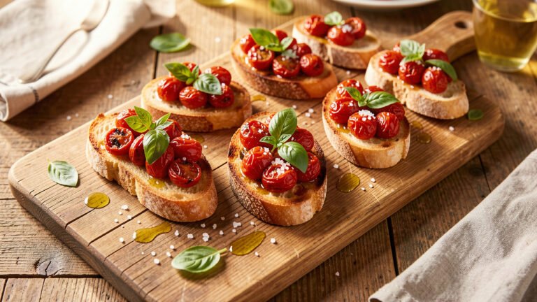 Slices of toasted baguette topped with slow-roasted cherry tomatoes and fresh basil