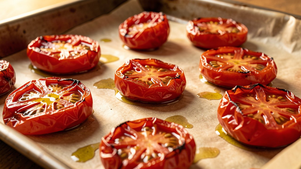 Halved cherry tomatoes roasting cut-side up on a baking sheet until jammy