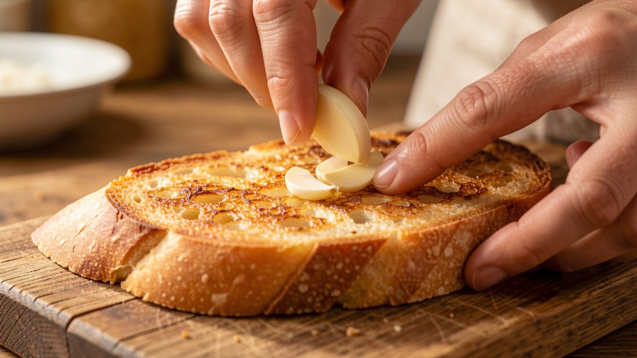 A garlic clove being rubbed over a warm slice of toasted baguette
