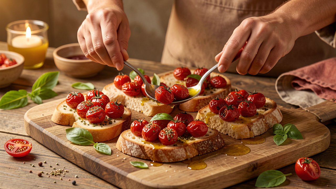 Roasted cherry tomatoes being spooned onto garlic-rubbed toasts with basil