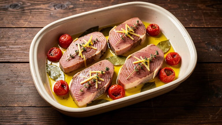 Slow-roasted tuna steaks in olive oil with cherry tomatoes and herb sprigs in a baking dish
