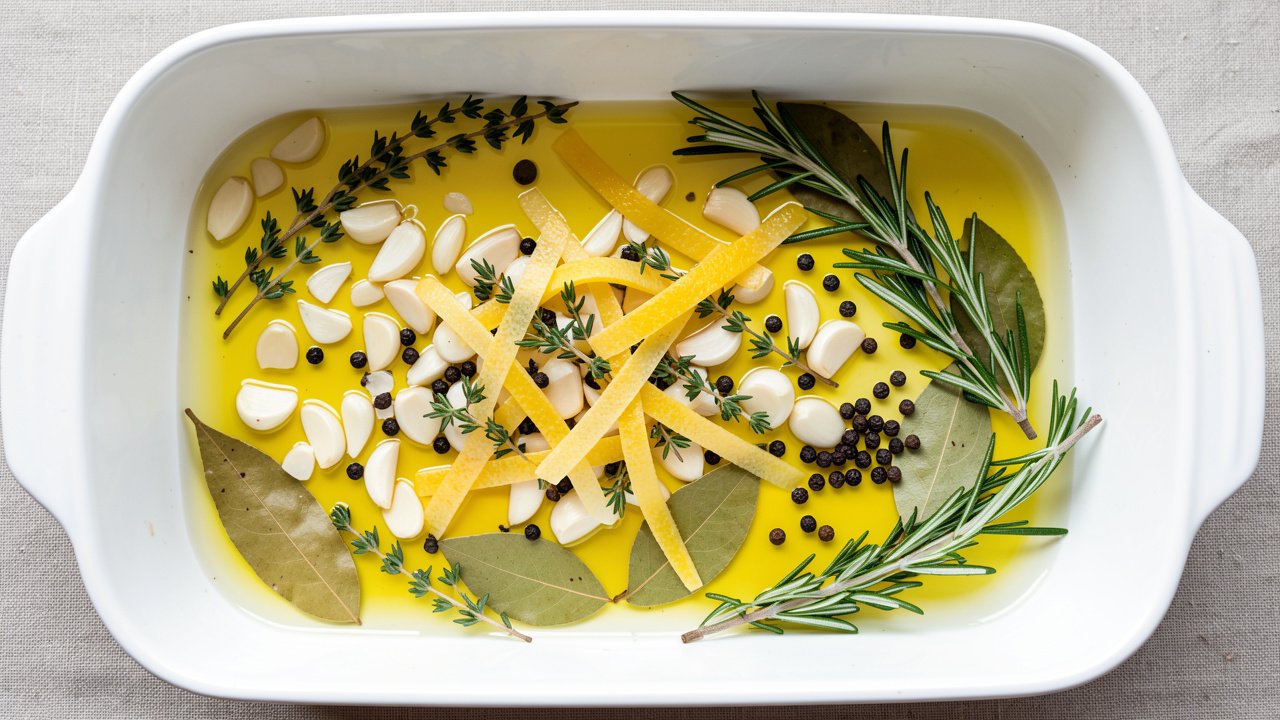 Garlic, thyme, rosemary, bay leaves and lemon zest in olive oil in a baking dish