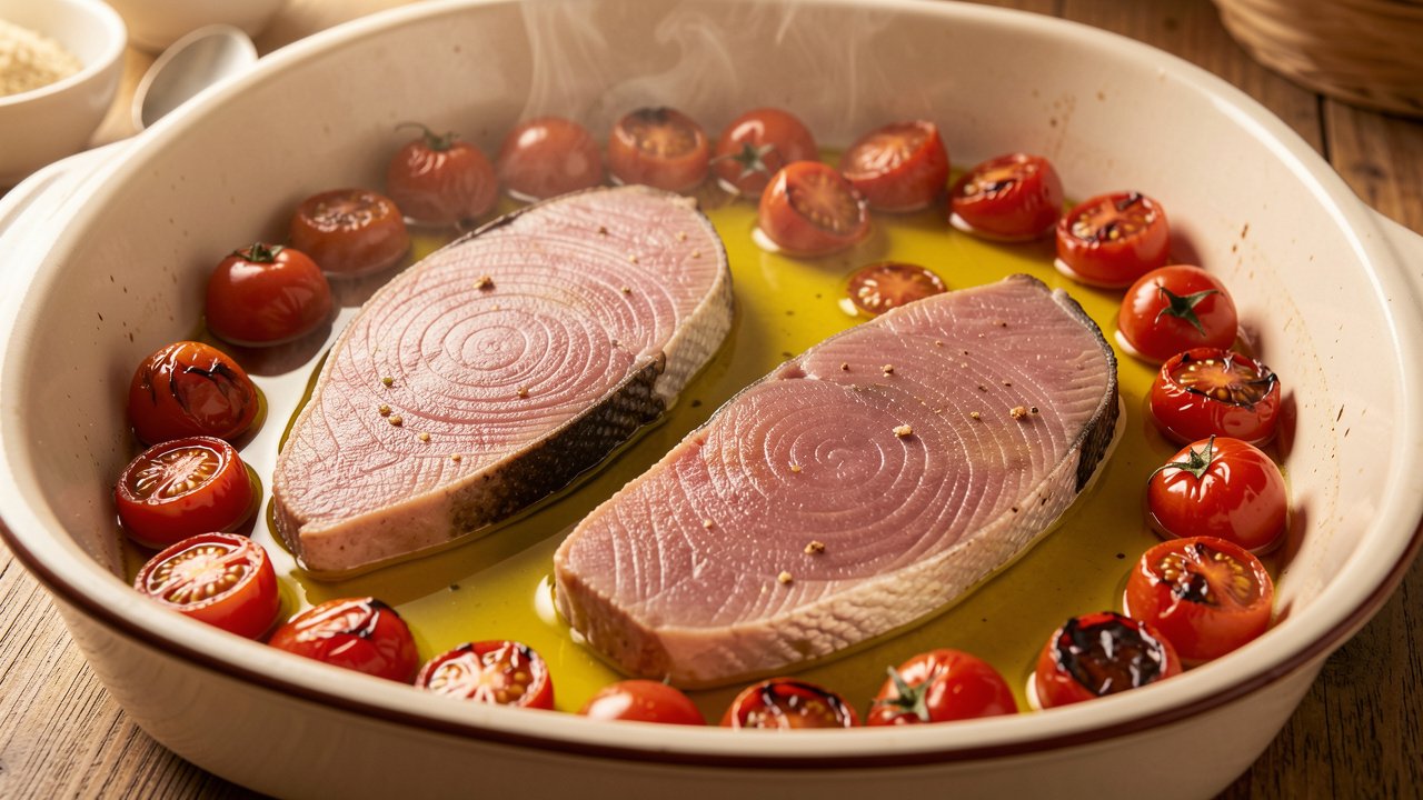 Tuna steaks poaching in still olive oil with blistering cherry tomatoes