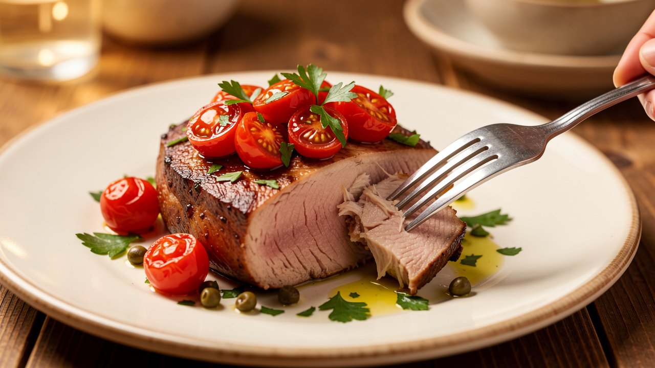 Plated slow-roasted tuna with jammy tomatoes, parsley and capers