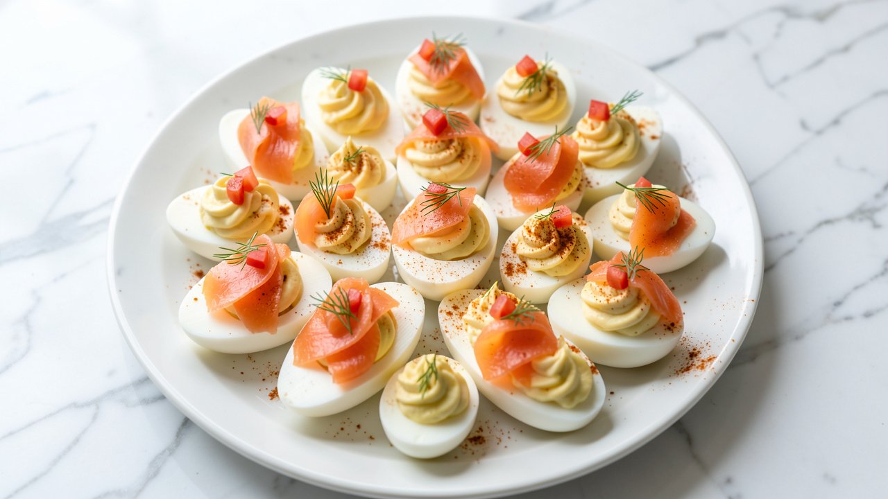 A platter of smoked salmon deviled eggs topped with diced tomato, dill, and smoked paprika