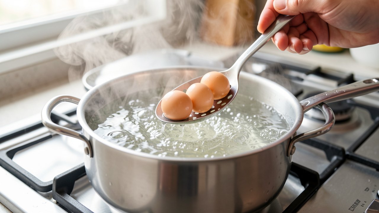 Eggs being lowered on a slotted spoon into a pan of boiling water