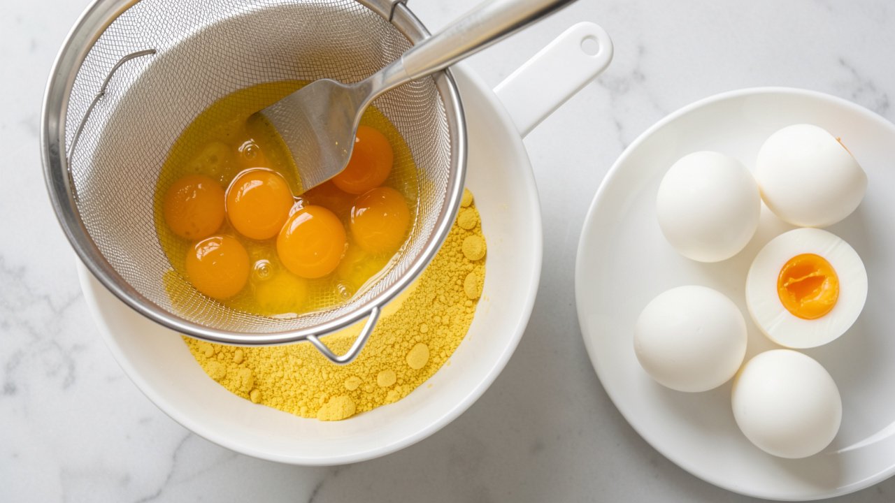 Egg yolks being pressed through a fine mesh sieve into a bowl with a spatula