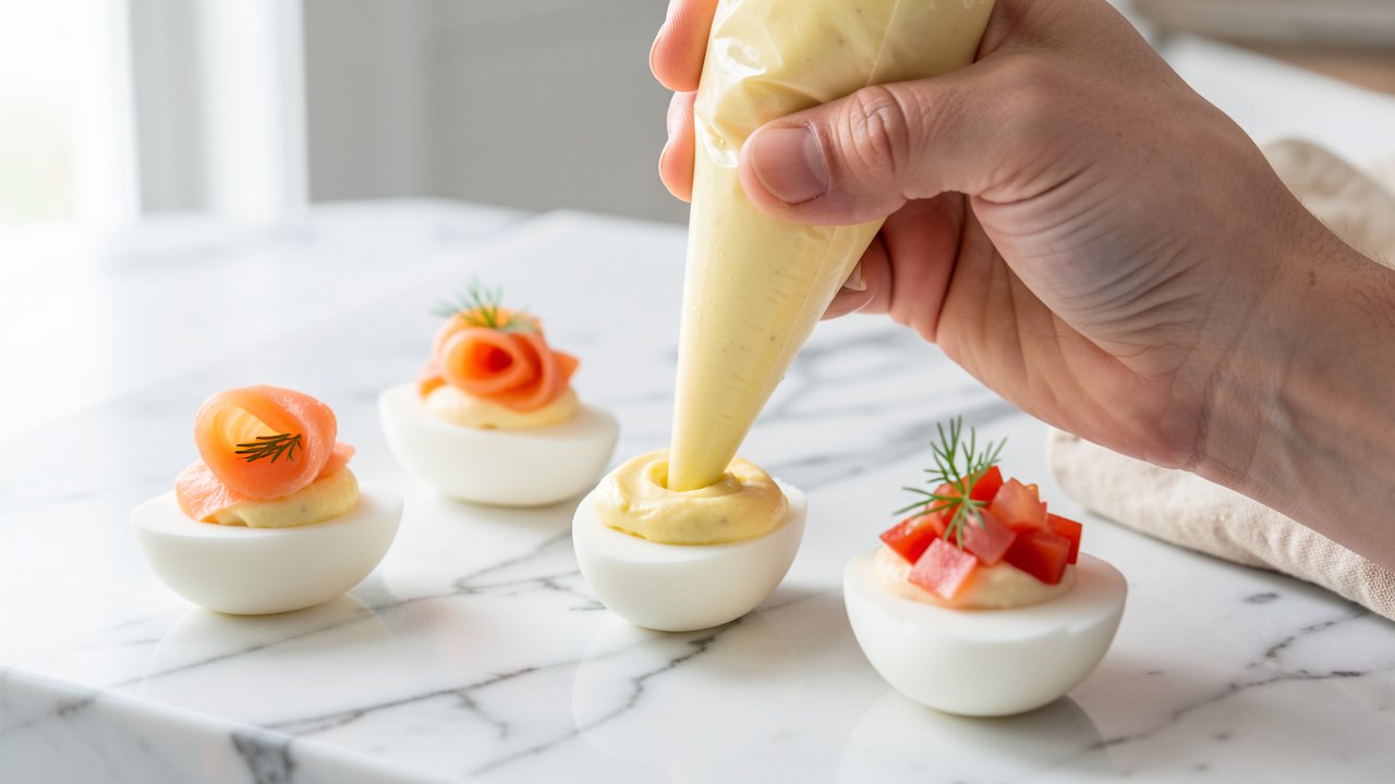 Deviled egg filling being piped into egg white halves and topped with salmon and tomato