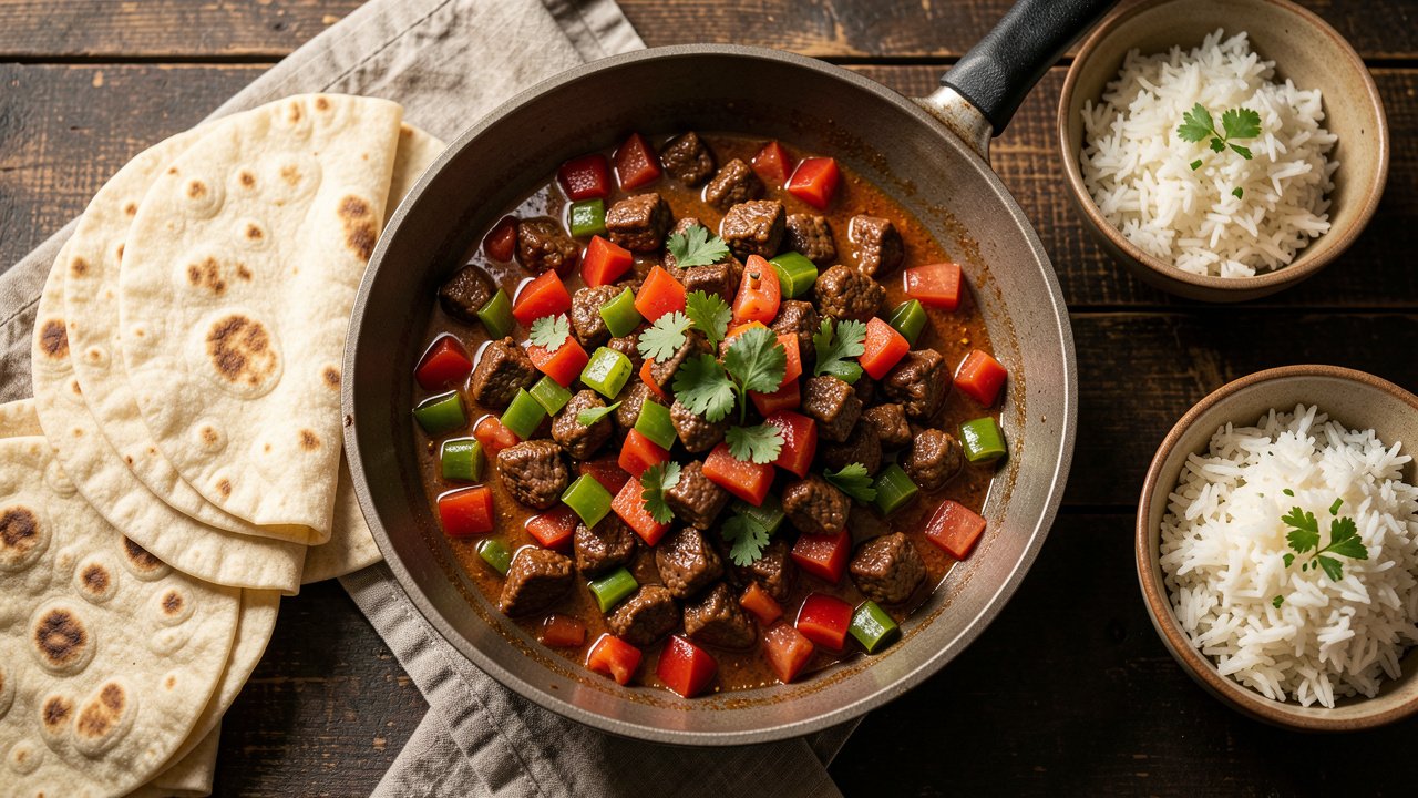 A skillet of Somali suqaar with diced beef, tomatoes, and peppers topped with cilantro, served with canjeero and rice