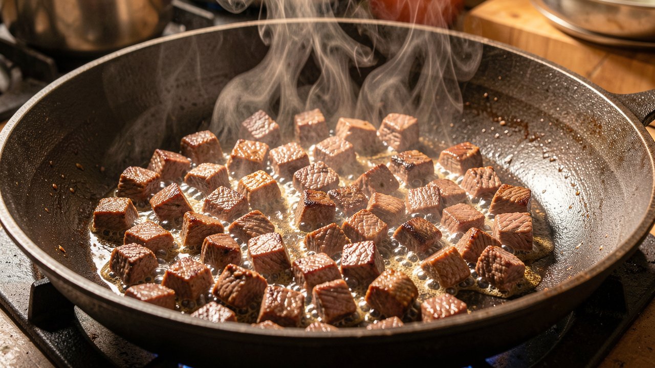 Small-diced beef cubes searing in a single layer in a hot skillet