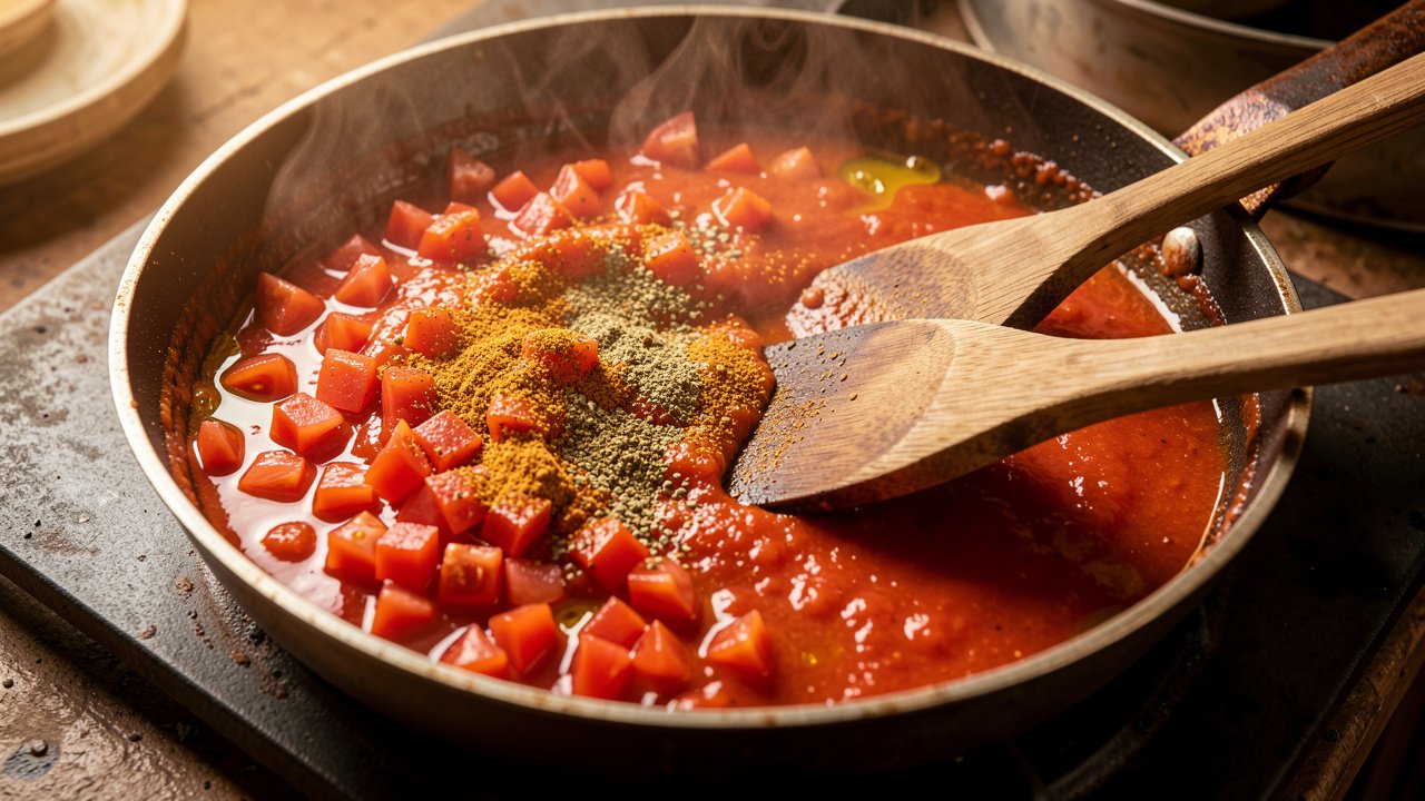 Diced tomatoes and spices cooking down into a glossy base in a skillet