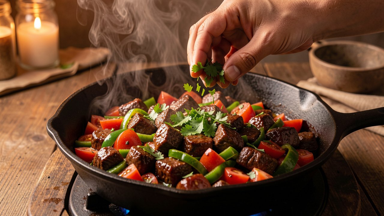 Finished Somali suqaar garnished with fresh cilantro in a skillet