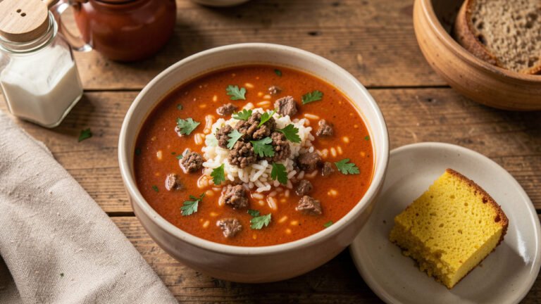 A bowl of Paraguayan so'o-yosopy beef and rice soup with parsley, served with a slice of cornbread