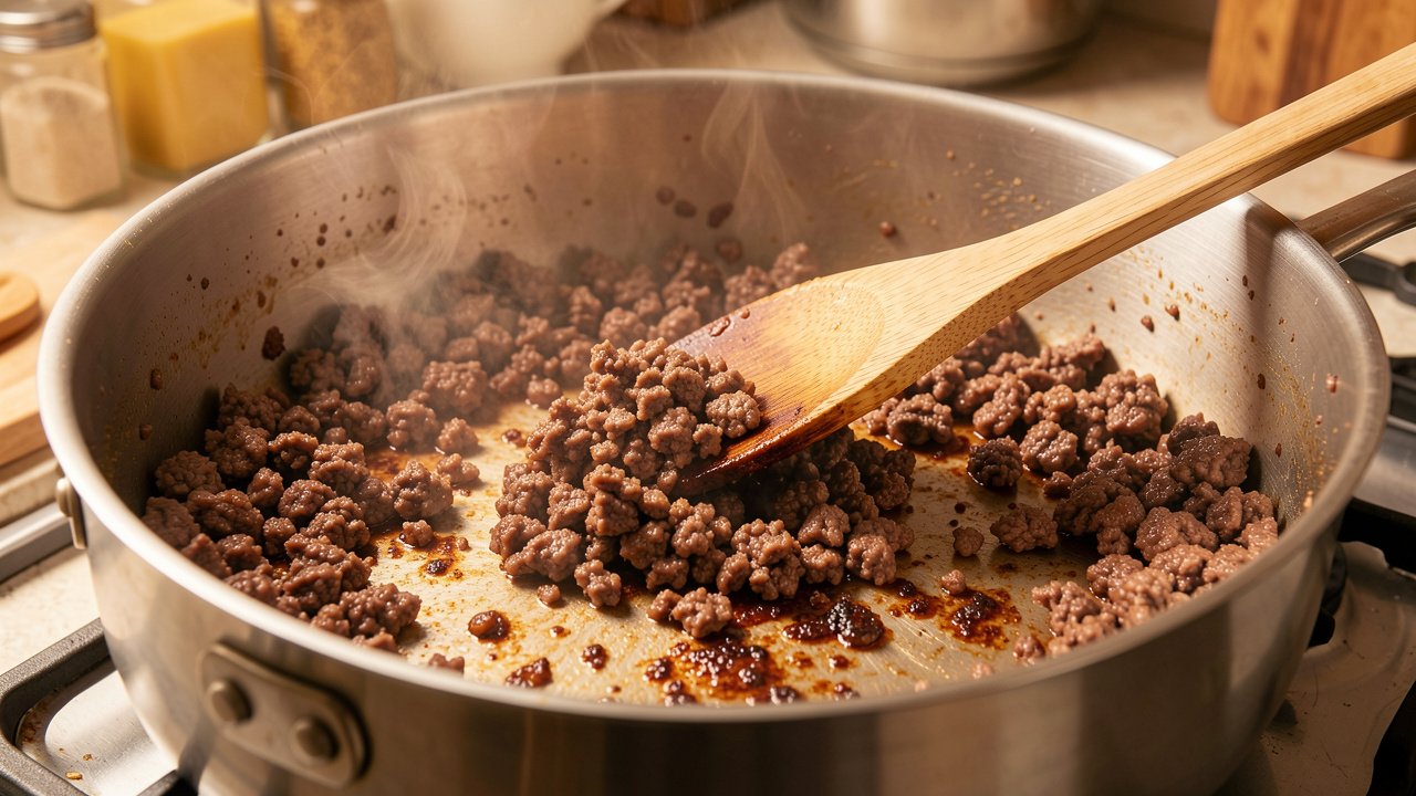 Minced halal beef browning in a large pot