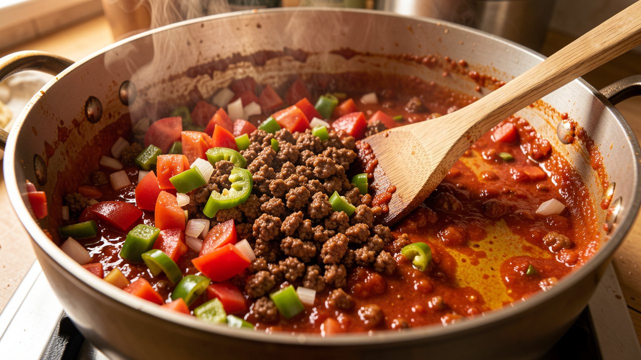 Tomatoes and beef cooking down into a thick jammy sofrito base in a pot