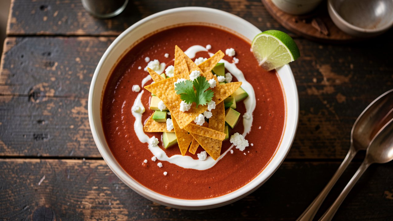 A bowl of red sopa azteca topped with crisp tortilla strips, avocado, queso fresco, crema, and cilantro